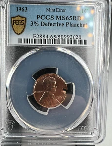 1963 P Lincoln Penny Cent, 1C, 3% Defective planchet ERROR PCGS MS 65 RD - Picture 1 of 5