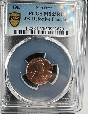 1963 P Lincoln Penny Cent, 1C, 3% Defective planchet ERROR PCGS MS 65 RD - Image 1 of 4