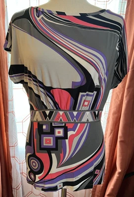 Emilio Pucci б/у в отличном состоянии размер XL верхний абстрактный принт фиолетово-серо-розовый джерси вырез лодочка - Изображение 1 из 4