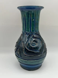Bitossi? Mid Century Blue Vase Made In Italy Rosettes Green Unlabeled - Picture 1 of 8