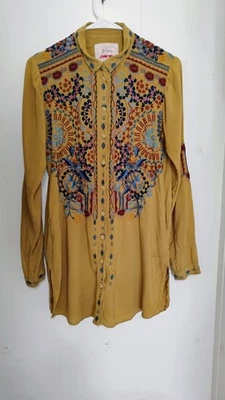 JOHNNY WAS MUJER BIYA LINCE MANGA LARGA BOHO AMARILLO VIEJO BOLSILLOS ABOTONADOS PEQUEÑOS Foto 1 de 4