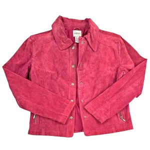 Chico's Cranberry Red Suede Snap Button Jacket Women Size  1 / Medium - Picture 1 of 8