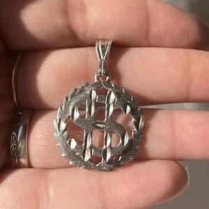 Vintage Sterling Silver 925 Dollar Sign Money💲Pendant Laurel Leaf Wreath 3.7g - Picture 1 of 13