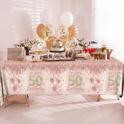 3Pc Tablecloth Plastic Cloth 50Th Birthday Waterproof Rose Gold Pink Decorations - Image 1 of 4