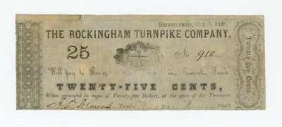 1861 25c The Rockingham Turnpike Company - Stanardsville, VIRGINIA Note - Image 1 of 2