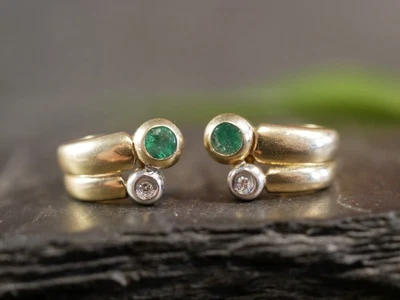 Hübsche 585 14 K Gold Ohrringe Ohrstecker Diamant Smaragd Ohne Verschluss - Bild 1 von 4