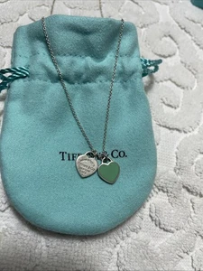Tiffany & Co Necklace Sterling 16 in 2 Heart Charms Silver & Blue Please Return - Picture 1 of 15