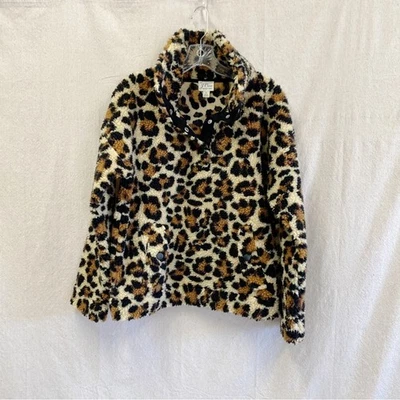 J. Sudadera Pullover Sherpa Crew Vintage Polar Estampado Leopardo Talla Pequeña Foto 1 de 4