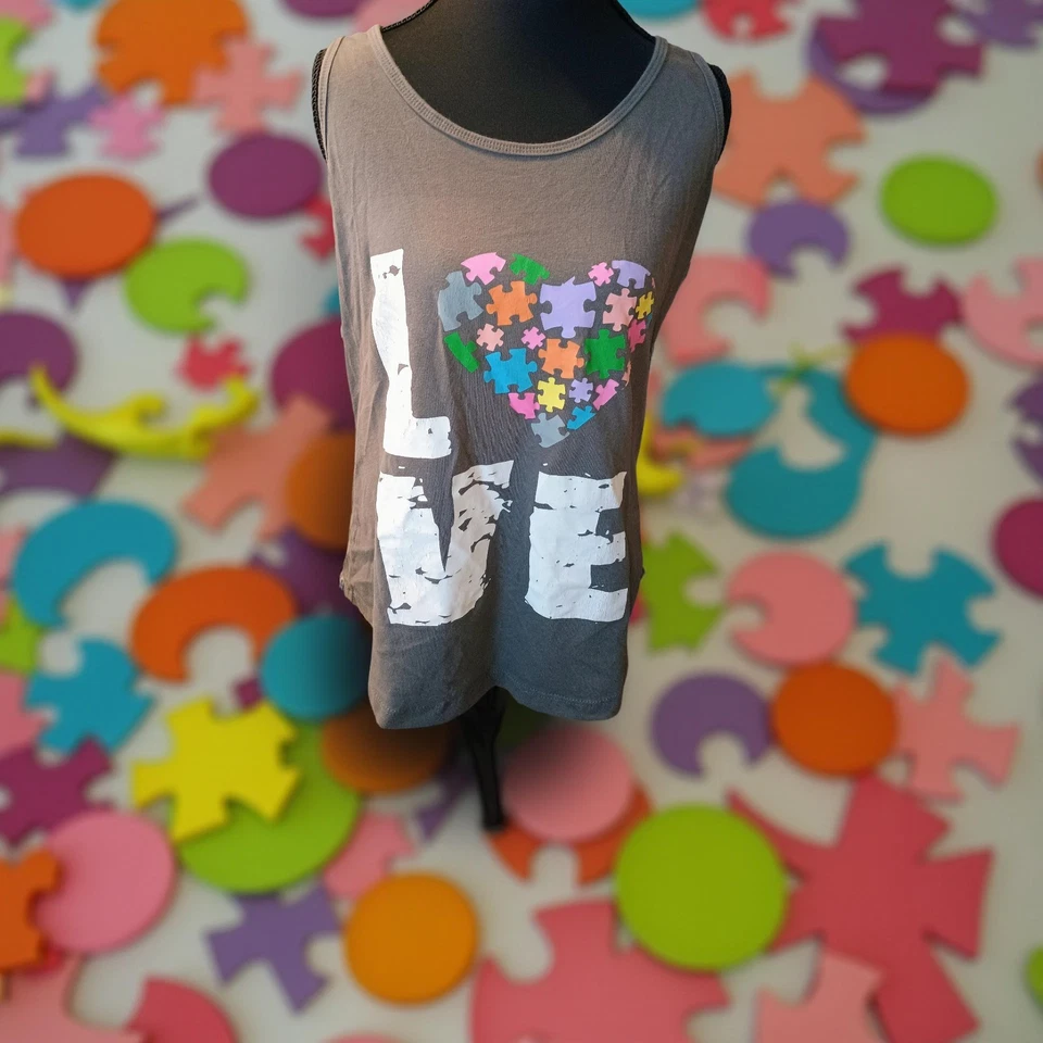 Camiseta sin mangas Autism Awareness Love gris pieza rompecabezas corazón para mujer 2X por siguiente nivel Foto 1 de 1