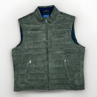 POLO RALPH LAUREN Men's Quilted Suede Gilet Puffer Vest Green Plaid XL $898 - Image 1 of 4