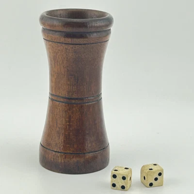 Vintage Turned Treen Wooden Dice Shaker Cup and 2 x Antique Hand Carved Dice (B) - Image 1 of 4