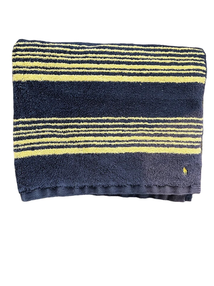 1 Ralph Lauren Navy Blue Yellow Gold Striped Bath Towel 100% Cotton USA 46"x28" - Image 1 of 4