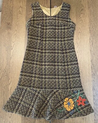 Vestido midi de lana Oilily pata de gallo tweed para mujer 42/XL marrón verde bordado Foto 1 de 4