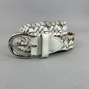 Retro White Plaited Woven Leather Trouser Classic Belt Size M 42" Long Length - Picture 1 of 13