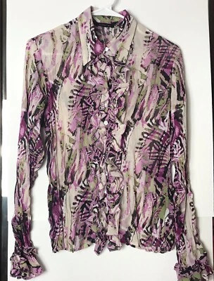 NUEVA Camisa Le Caviar (Talla M) Púrpura Verde Marfil Arrugado Volantes Transparente Abotonada Foto 1 de 4