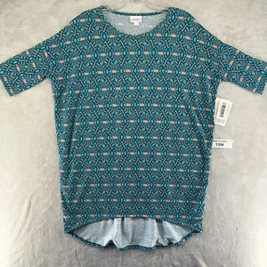 Tunica LuLaRoe Irma Top Crew Collo Hi-Lo orlo manica a 3/4 motivo geometrico verde acqua XXS - Foto 1 di 10