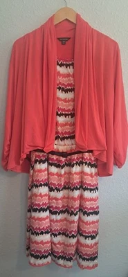 2 Pc George Coral Pink & Muti Color Sound Wave Lined Dress w/ Belt Size XXL / 20 - Image 1 of 4