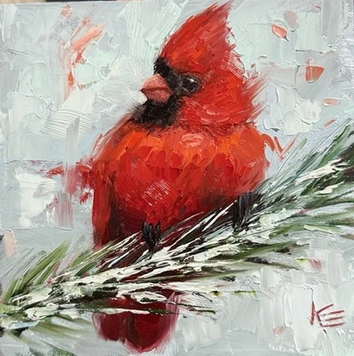 Cardinal bird  Original Painting On Panel 6 X 6 Inches Bird Art Krista Eaton - Image 1 of 4