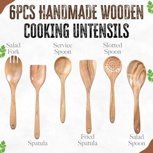 Akazienholz Löffel zum Kochen 6 Stück Holz Küchenutensilien Set Selbstgemacht - Bild 1 von 9