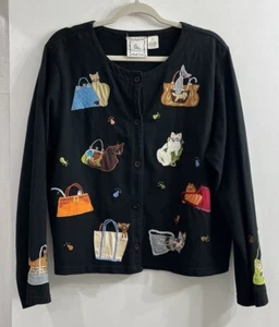 Michael Simon Lite Cardigan Top Vtg XL Embroidered Cats Lightweight Black - Picture 1 of 11