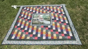 Hand Quilted 80” Hanging Patchwork Colorful Quilt Cottage Core Grist Mill Scene - Picture 1 of 12