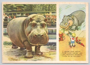 Postal Hipopótamo Dibujos Animados Gato y Niño Unión Soviética Rusia URSS - Imagen 1 de 3