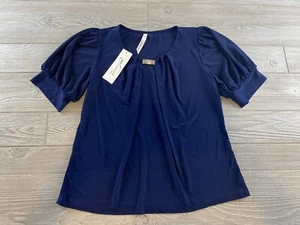 NY Collection Navy Blouse with Pleated Neckline Size Medium Petite Short Sleeve. - Picture 1 of 10