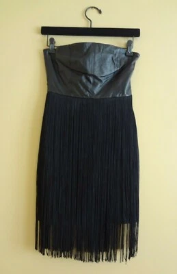 Nuevo con etiquetas Mini Vestido Blaque Label Cuero Negro Noche Sin Tirantes con Flecos en Talla XS Foto 1 de 4