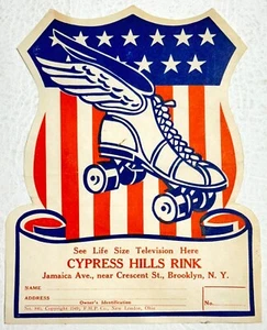 Etiqueta de patinaje sobre ruedas de la década de 1940 Cypress Hills pista ver televisión de tamaño natural aquí - Imagen 1 de 2