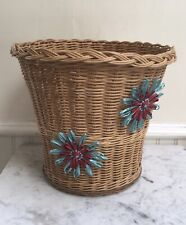 Vintage Wicker Basket Planter Waste Paper Bin Rafia Flowers 1960s