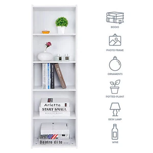 5-Tier Bookcase Storage Organizer Wall Shelf Bookshelf for Home Office White - Picture 1 of 10
