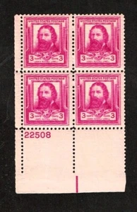 1940 U.S. FAMOUS AMERICANS 3c LOWELL Plt#BLK of 4 Sc#866 M/NH/OG Pristine^ - Picture 1 of 1