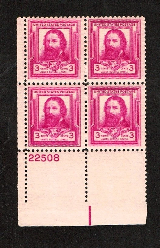 1940 U.S. FAMOUS AMERICANS 3c LOWELL Plt#BLK of 4 Sc#866 M/NH/OG Pristine^ - Image 1 of 1