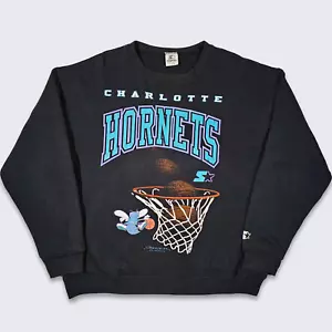 Charlotte Hornets Vintage 90s Starter Sweatshirt - Black Basketball Pullover - Picture 1 of 7