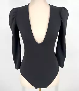 NEW Express women's S Fitted Ponte knit deep V-Neck Puff Sleeve bodysuit black - Picture 1 of 12
