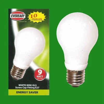 2x 9W Eveready CFL Low Energy A55 GLS 3500K White Light Bulbs ES E27 Screw Lamps - Image 1 of 2