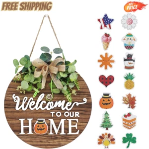 Interchangeable Seasonal Welcome Sign Front Door Decor Rustic Wood Wreath Free - Picture 1 of 7
