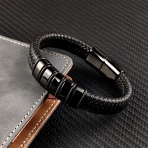 Men's Stainless Steel Magnetic Clasp Braided Cuff Leather Bracelet Wrist Bangle - Bild 1 von 4