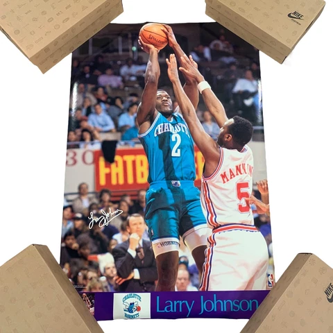 Vintage 90s NBA Basketball Charlotte Hornets Larry Johnson Poster 23 x 35 Cover