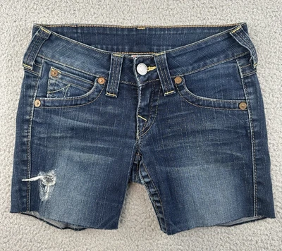 True Religion Shorts Women 26 Blue Denim Joey Cut Off Distressed Raw Hem USA Y2k - Image 1 of 4