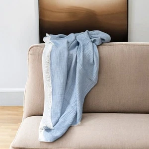 47" X 60" Blue Cotton Woven Turkish Towel Throw Blanket with Fringe - Picture 1 of 9