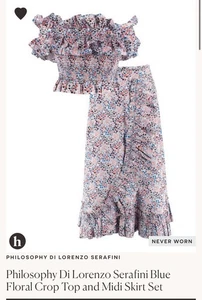 Philosophy Di Lorenzo Serafini Blue Floral Crop Top and Midi Skirt Set. XS. New - Picture 1 of 14