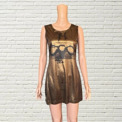 Mini Vestido Vintage Y2K Plein Sud - Bronce Metálico y Negro Slinky Club Vestido Foto 1 de 4