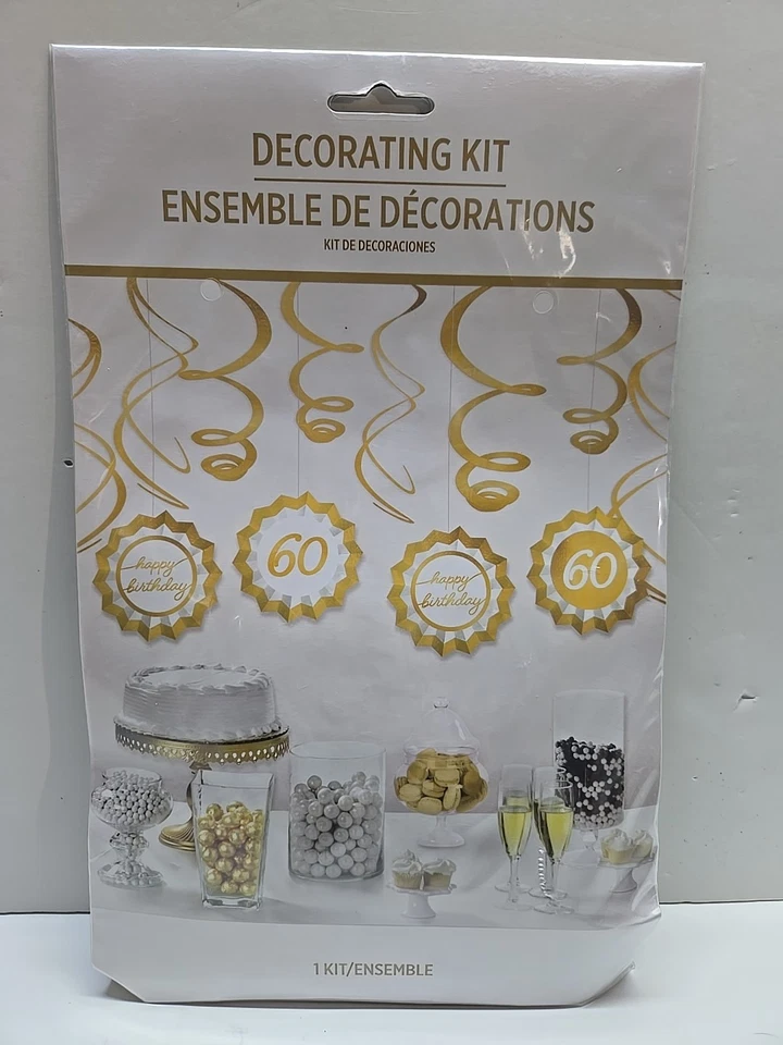 GOLDEN 60TH HAPPY BIRTHDAY DECORATING KIT HANGING FANS SWIRLS - Image 1 of 1