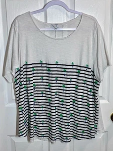 Crown Ivy Curvy Womens 2X Top Slub Knit Lightweight Embroidered Palm Trees Artsy - Picture 1 of 8