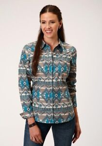New! Roper Women's Khaki & Blue AZTEC PRINT WESTERN SHIRT Size XS S M L XL