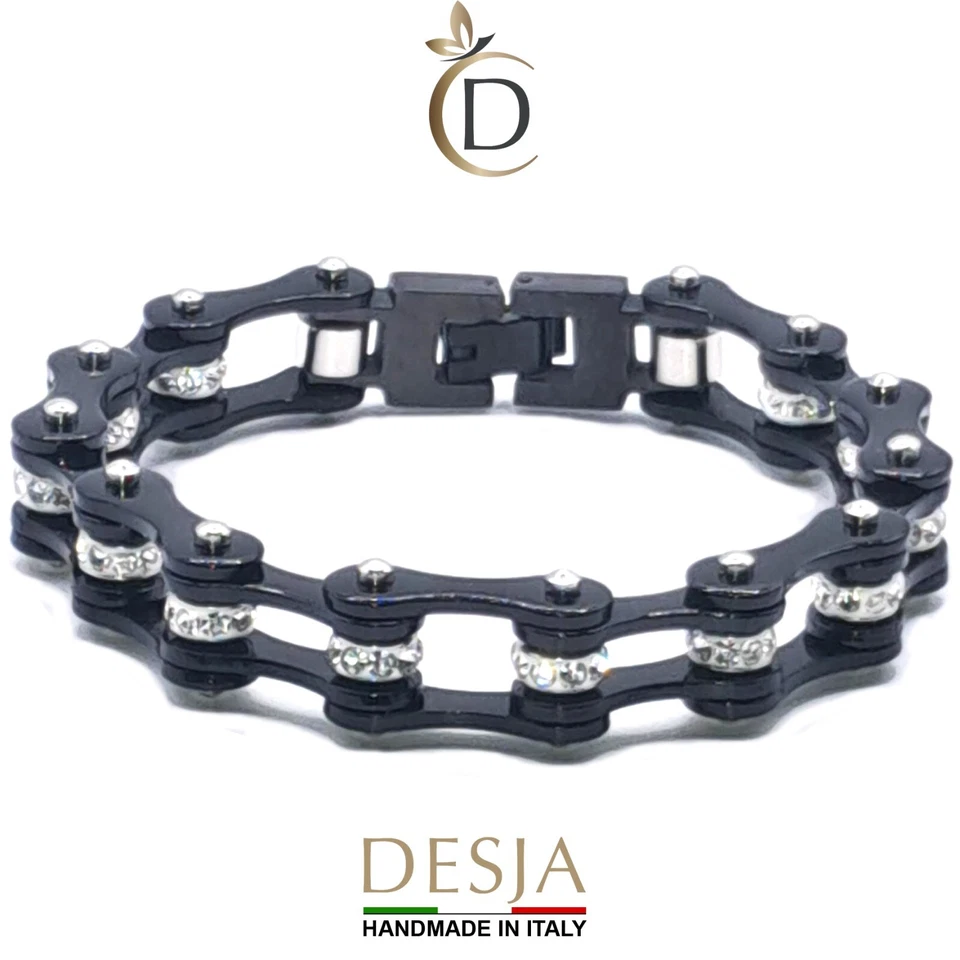 Bracciale Catena Moto Acciaio Nero Cristalli Bianchi | Nero Cristal Desja® Uomo - Immagine 1 di 3