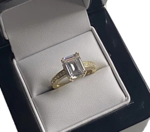 Yellow gold finish emerald cut 4.4ct created diamond ring free postage gift box - Picture 1 of 5