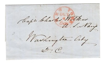 US 1840S NEW YORK STAMPLESS COVER TO CHARLES WILKES ANTARCTIC EXPEDITION CAPT - Image 1 of 2