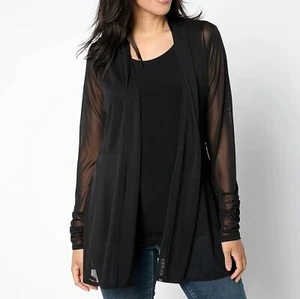 Susan Graver Size 1X Regular Black Mesh Cardigan & Liquid Knit Tank Set - Picture 1 of 3